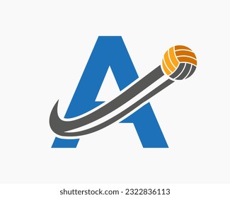 Letter A Volleyball Logo Concept With Moving Volley Ball Icon. Volleyball Sports Logotype Template