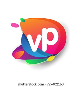 Letter VP logo with colorful splash background, letter combination logo design for creative industry, web, business and company.