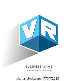 Letter VR logo in hexagon shape and blue background, cube logo with letter design for company identity.
