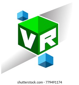 Letter VR logo in hexagon shape and green background, cube logo with letter design for company identity.
