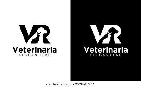 Plantilla veterinaria del diseño del logotipo de la clínica del animal doméstico de la letra VR Silueta del Vector del gato y del perro