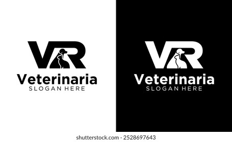 Plantilla veterinaria del diseño del logotipo de la clínica del animal doméstico de la letra VR Silueta del Vector del gato y del perro