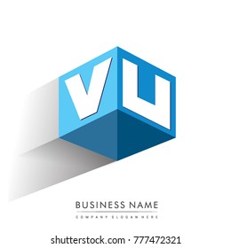 Letter VU logo in hexagon shape and blue background, cube logo with letter design for company identity.
