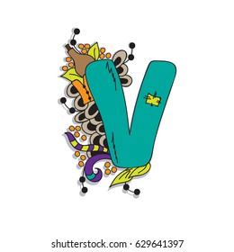 Letter V.Vector illustration, bright, hand-drawn