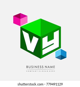 Letter VY logo in hexagon shape and green background, cube logo with letter design for company identity.
