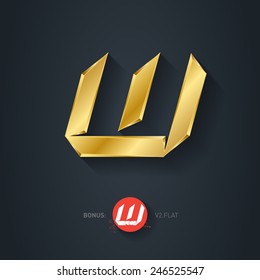 Letter W, 3d Vector gold font. Elegant Template for company logo. Metallic Design element or icon. Pseudo origami style, including flat version.