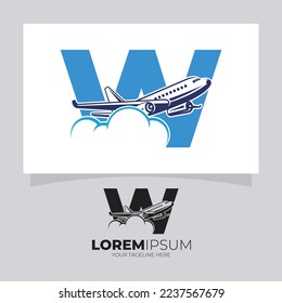 Letter W Airplane above Cloud Logo Vector Design Illustration Background
