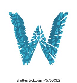The letter W, in the alphabet broken 3d perspective set blue color isolated on white background