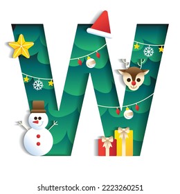 Letter W Alphabet Font Cute Merry Christmas Concept Reindeer Snowman Star Gift Box Christmas Tree Character Font Christmas Hat Element Cartoon Green 3D Paper Layer Cutout Card Vector Illustration
