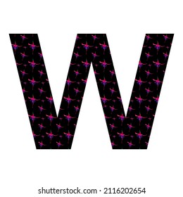 Buchstabe W des Alphabets mit einem Muster rosafarbener Fuchsienblumen auf schwarzem Hintergrund, einzeln auf weißem Hintergrund, Vektorgrafik. mit Rosa, Rot, Violett, Schwarz und Weiß