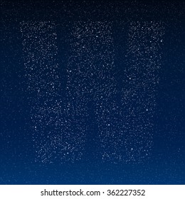 Letter W alphabet with shiny stars, glitters, dots, points on the dark blue night sky. Letters for party, birthday, anniversary or festive. Shining font, type, typeset of sparkles. Vector template.