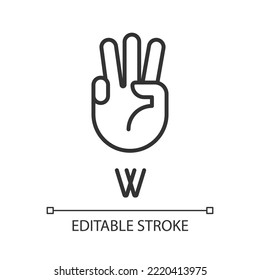 Letter W in American sign language pixel perfect linear icon. Nonverbal communication. Gestures system. Thin line illustration. Contour symbol. Vector outline drawing. Editable stroke. Arial font used