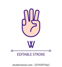 Letter W in American sign language pixel perfect RGB color icon. Nonverbal communication. Gestures system. Isolated vector illustration. Simple filled line drawing. Editable stroke. Arial font used