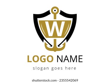 letter W with Anchor Logo Design Template. Marine, Sailing Boat Logo