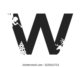 letter w and angel  deer   christmas tree  typography element for Christmas   New Year design  isolated vector image in simple style