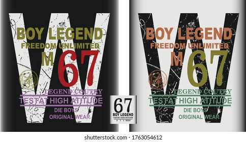 La letra "w" en el fondo y las palabras "boy leyenda" y "67" y otras palabras en dos colores para imprimir camisetas y pantalones cortos para niños.