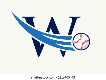 Letter W Baseball Logo Concept With Moving Baseball Icon Vector Template