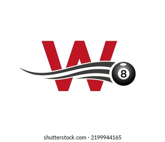 Letter W Billiards or Pool Game Logo Design For Billiard Room or 8 Ball Pool Club Symbol Vector Template