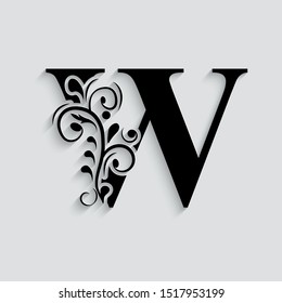 letter W. Black flower alphabet.  Beautiful capital letters.