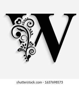 letter W. Black flower alphabet.  Beautiful capital letters with shadow