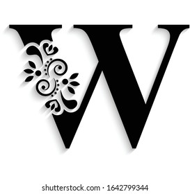 letter W. Black flower alphabet.  Beautiful capital letter with shadow