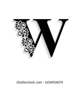 letter W. Black flower alphabet.  Beautiful capital letter with shadow