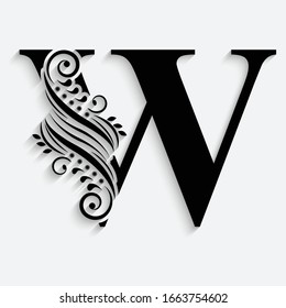 letter W. Black flower alphabet.  Beautiful capital letter with shadow