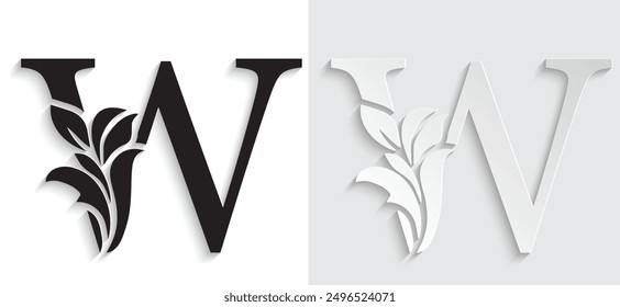 letter W Black flower alphabet. Beautiful capital letters with shadow