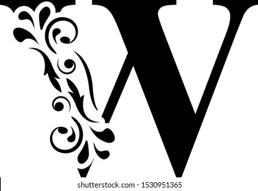 letter W. Black flower letters,  alphabet.  Beautiful capital letter. vector