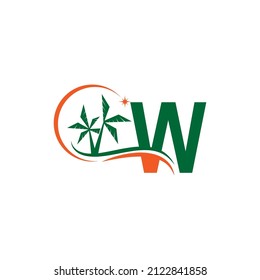 Letter W blends with coconut trees by the beach at night template