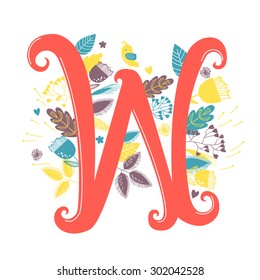 The letter W. Bright floral element of colorful alphabet with flowers and birds. Vector illustration.