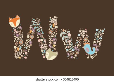 The letter W. Bright floral element of colorful alphabet Cute Animal, flowers, and twigs. floral ABC element in vector