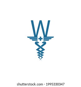 Letter W with caduceus icon logo design vector template