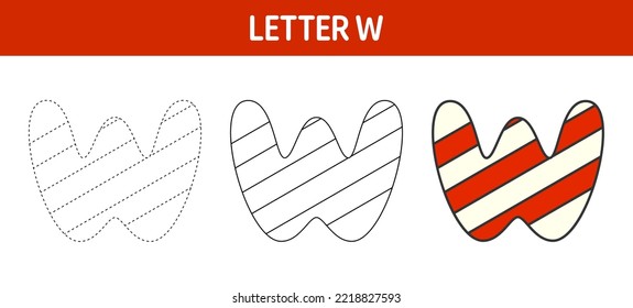 Letter W Candy Cane, tracing and coloring worksheet for kids