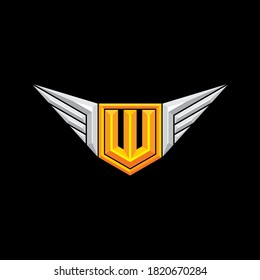 Letter W Capital für die erste von Gaming-Logo, Unterstützung, Militär, unterzeichnet. Typografie. Eingeschränkter Effekt. Abzeichen mit Flügeln.