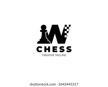 Letter W chess logo design with pawn and chess board
