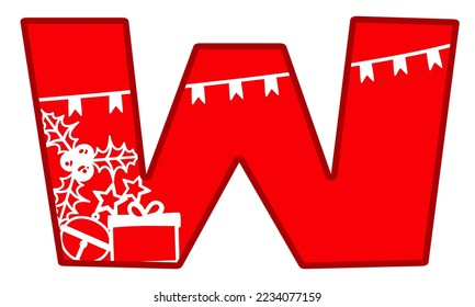 Letter W. Christmas design for creating festive monogram. Silhouette of red color letter with xmas symbols. Jingle bell, holly berry, gift box. New Year holiday print. Craft cutting on a plotter
