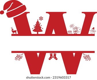 Letter W, W Christmas Monogram, Letter W Silhouette with Christmas symbols, Christmas logo, Christmas Design for Print, Screen Print T-Shirt