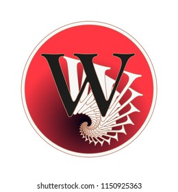 letter W circular label with fractal spiral tail pattern in red and white