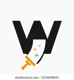 Letter W Cleaning Service Logo Design Concept With Clean Brush Symbol. House Clean Sign