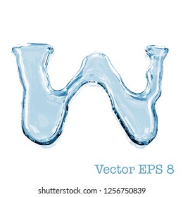 Letter w from clear transparent bluish water droplets. Isolated on white background. Vector EPS 8.