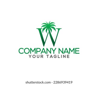Letter w with coconut and palm tree  logo design. Summer and beach tree unique vector illustration.