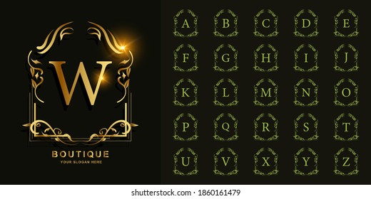 Letter W or collection initial alphabet with luxury ornament floral frame golden logo template.