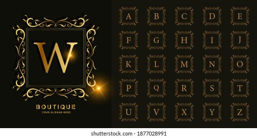 Letter W or collection initial alphabet with luxury ornament floral frame golden logo template.