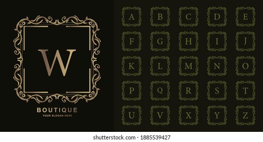 Letra W o colección alfabeto inicial con una plantilla de logotipo dorado de marco floral de lujo.