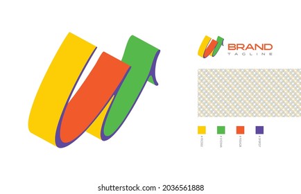 Letter W colorful 3D side view logo with pattern and swatches for creative branding designs