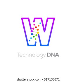 Letter W colorful with abstract biotechnology dna logotype. Medicine, science, laboratory,Technology DNA vector concept