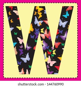 The letter W with colorful butterflies to the square.