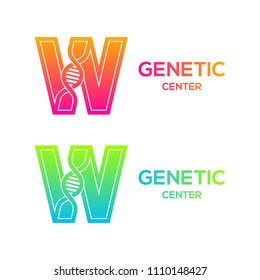 Letter W colorful with DNA structure and genetic biotechnology, Science and laboratory concept logotype