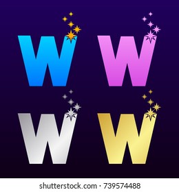 Letter W Colorful and Gold Silver with Sparkles light effect. Eight point stars logotype. Beautiful Luxury, Fashion, Jewelry, Salon, Cosmetics, Spa, Resort, Magic Logo for your Corporate identity.